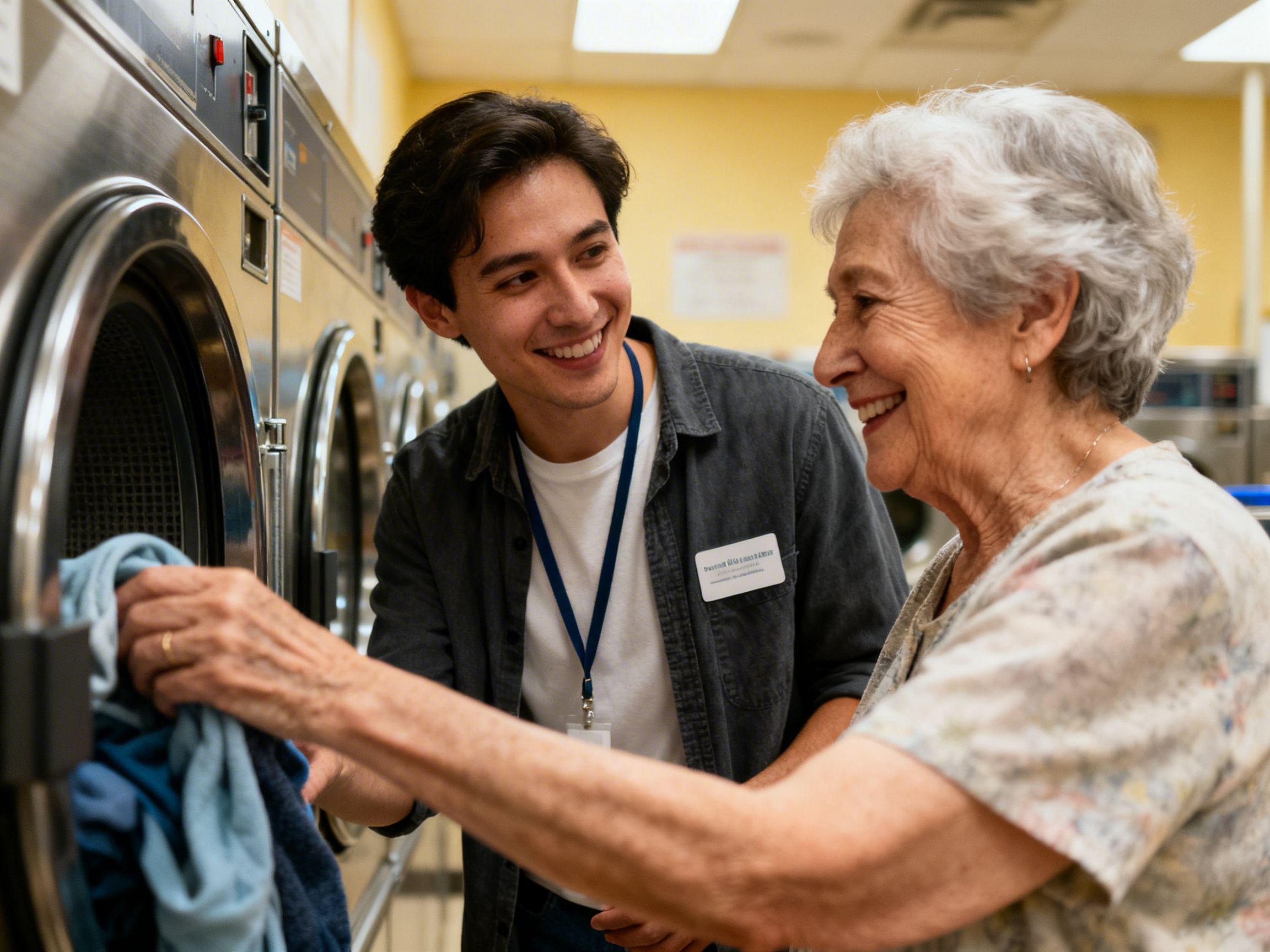 Volunteer assisting senior with laundry at community center